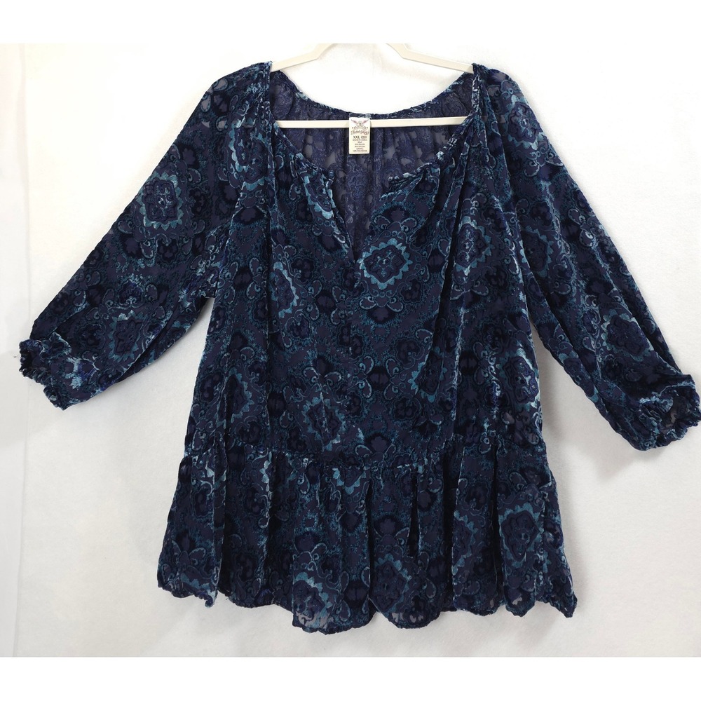 Whimsigoth Velvet Burnout Blouse Women 2X Blue Teal Floral Sheer Peasant Tunic